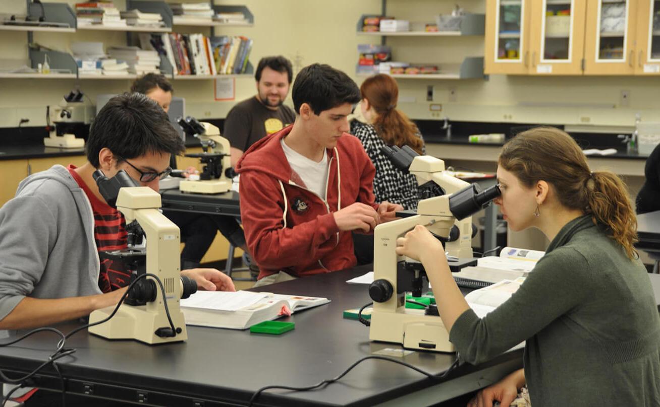 三个学生在课堂上看显微镜